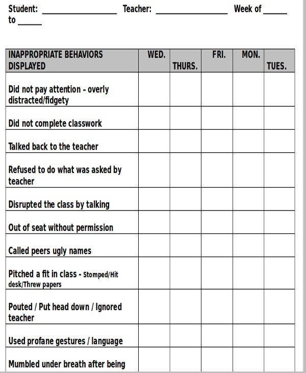 8 Printable Behavior Chart Template 9 Free Word PDF Format Download