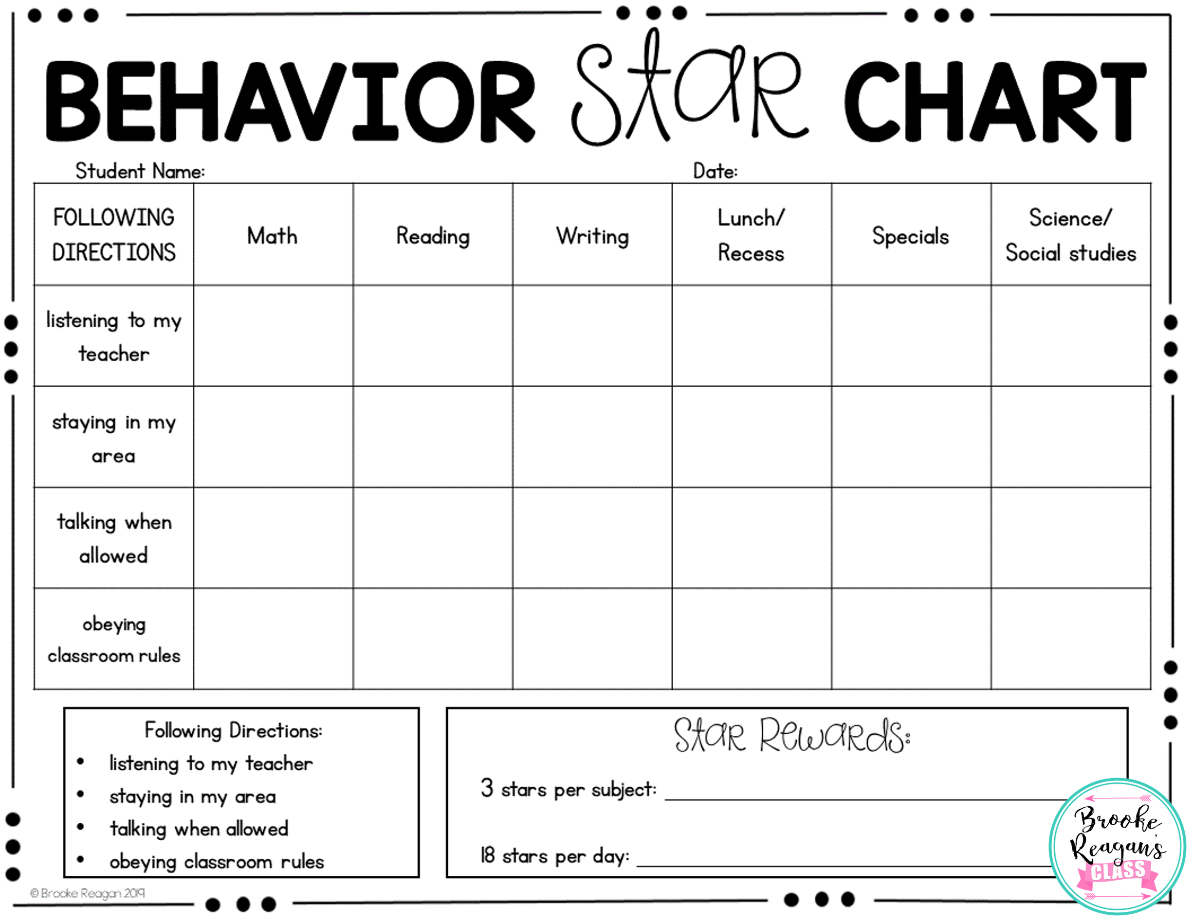 Behavior Charts Behavior Goal Star Charts For Classroom Behavior