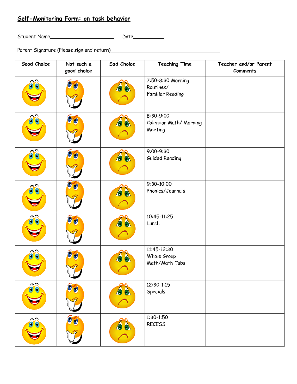 Behavior Charts Printable For Kids Individual Behavior Chart 