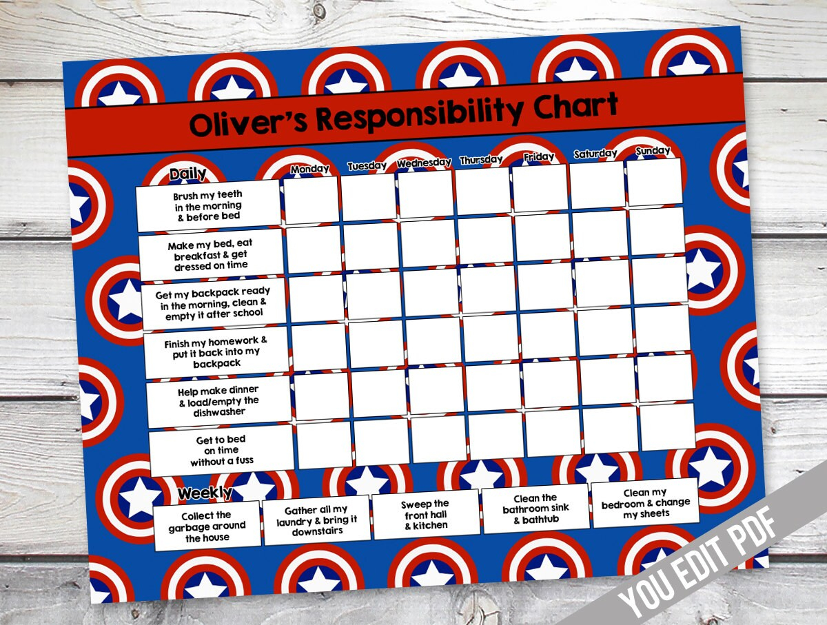 Captain America Chore Chart Boys Reward Chart Responsibility