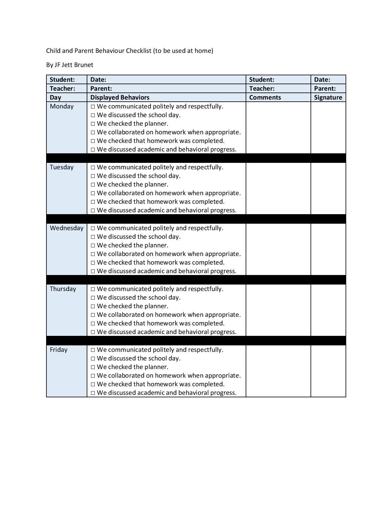 Child And Parent Behaviour Checklist By JF Jett Brunet Behaviour