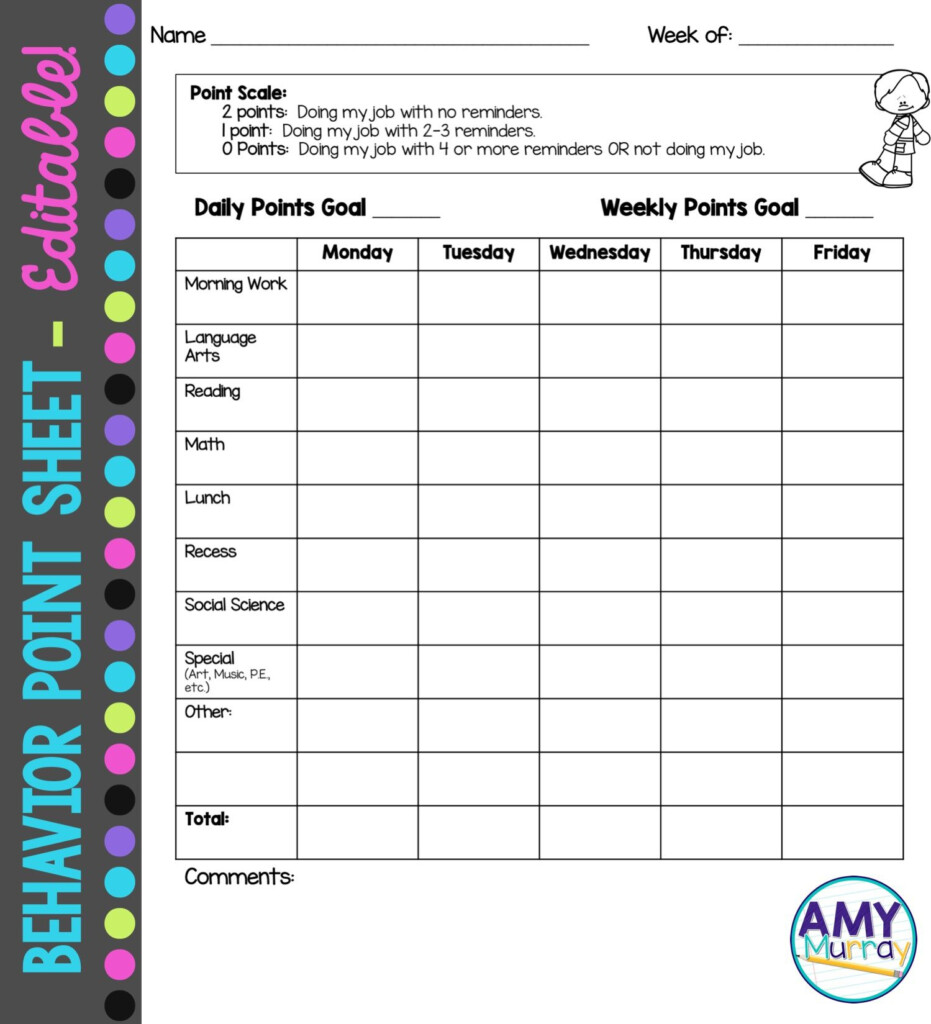 Editable Behavior Point Sheet Fill In Your Own Times Or Subjects 