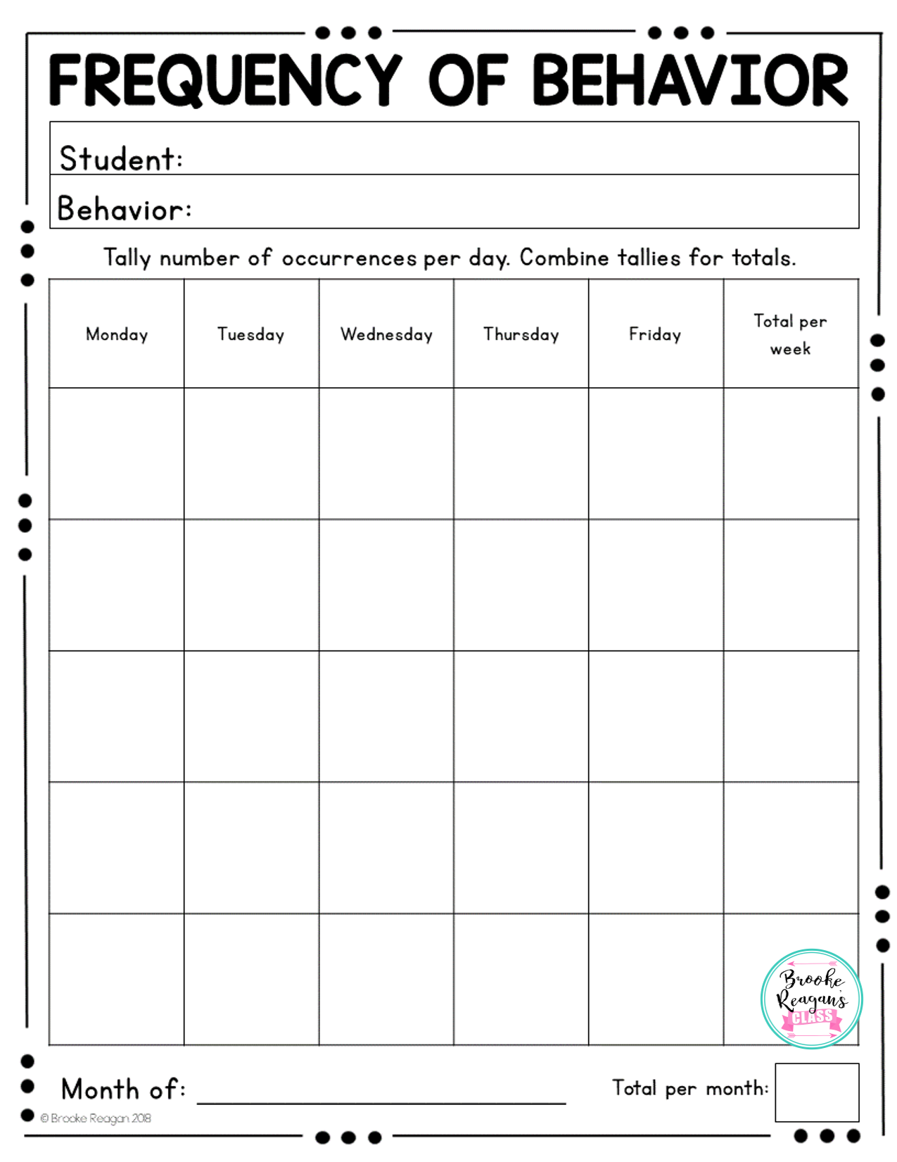 Frequency Of Behavior Behavior Tracking Classroom Behavior 