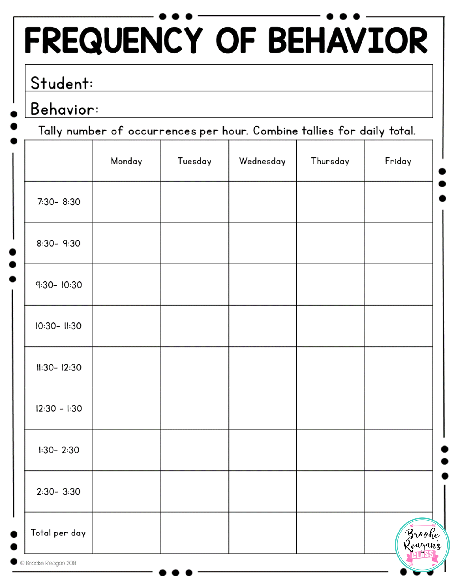 Frequency Of Behavior Data Tracking Sheet This Is Part Of A Bigger 