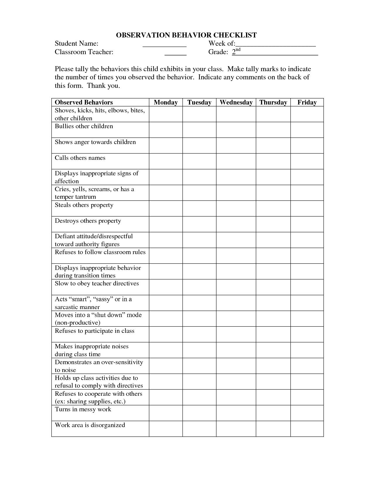 OBSERVATION BEHAVIOR CHECKLIST Classroom Behavior Management Student 