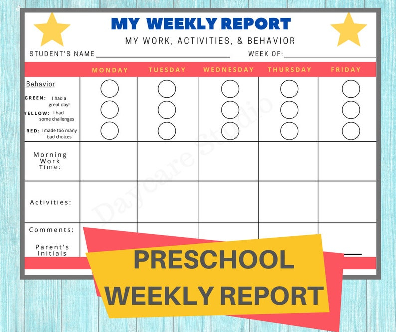 PRESCHOOL WEEKLY REPORT Daycare Printable Behavior Chart Etsy