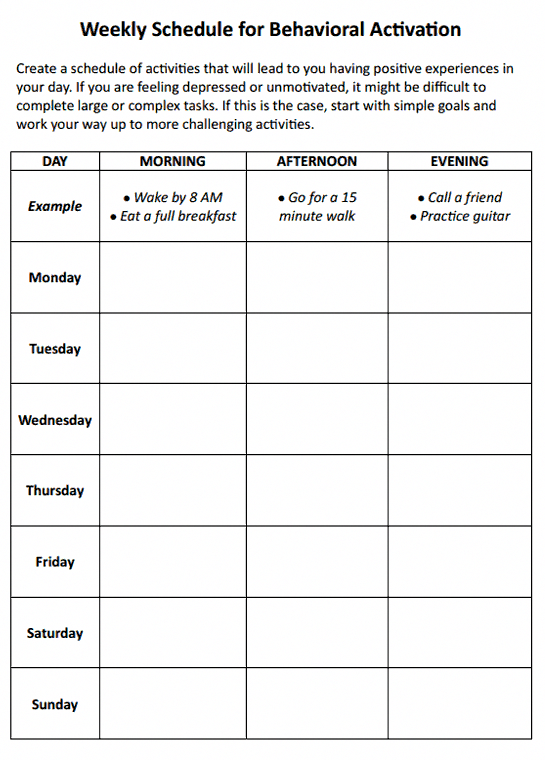 Weekly Schedule For Behavioral Activation Preview cbttherapy