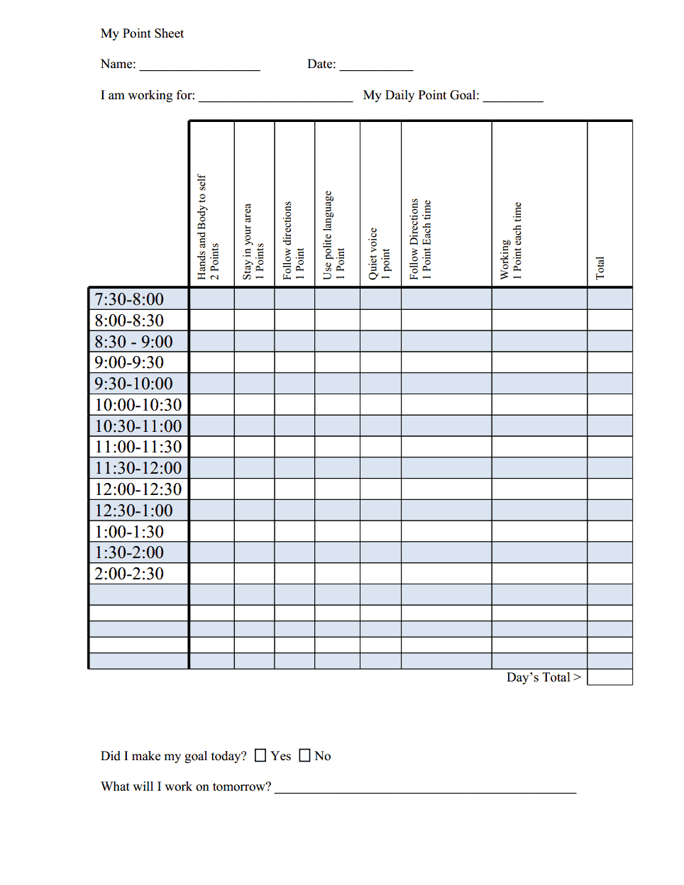 Aba Behavior Chart Printable