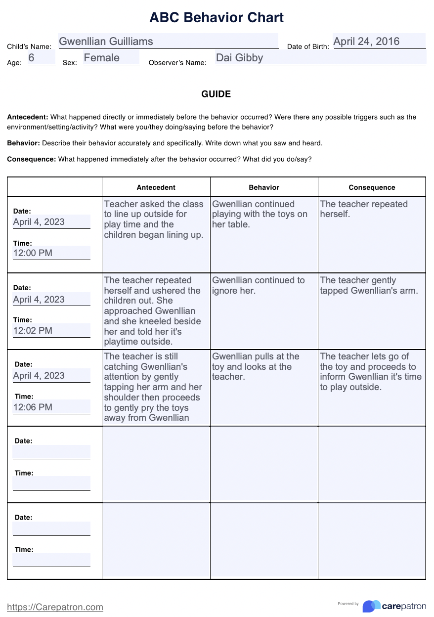 ABC Behavior Chart Example Free PDF Download