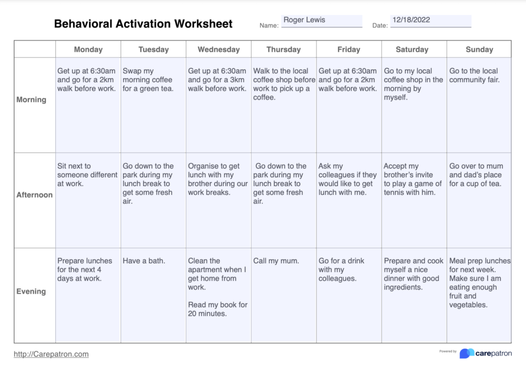 Behavioral Activation Worksheet Example Free PDF Download