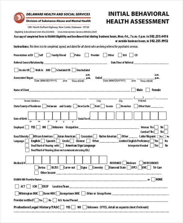 Behavioral Risk Assessment Form