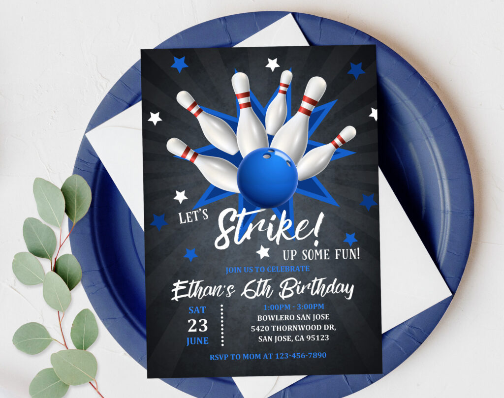 Bowling Birthday Party Invitation For Kids With Bowling