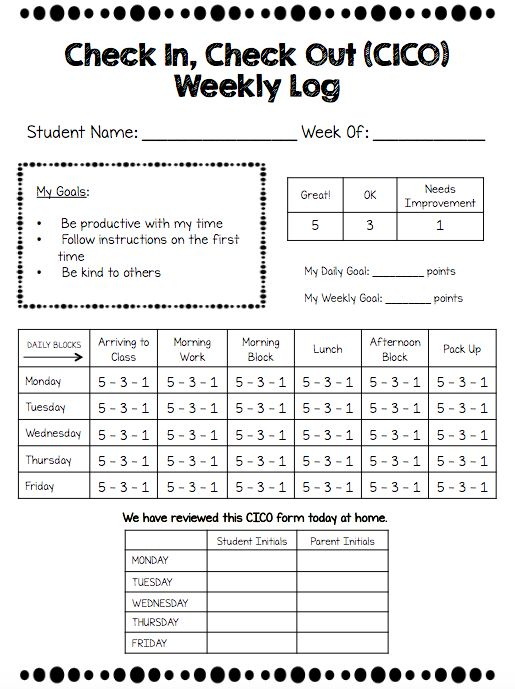 Check In Check Out CICO Weekly Logs Student Data Behavior