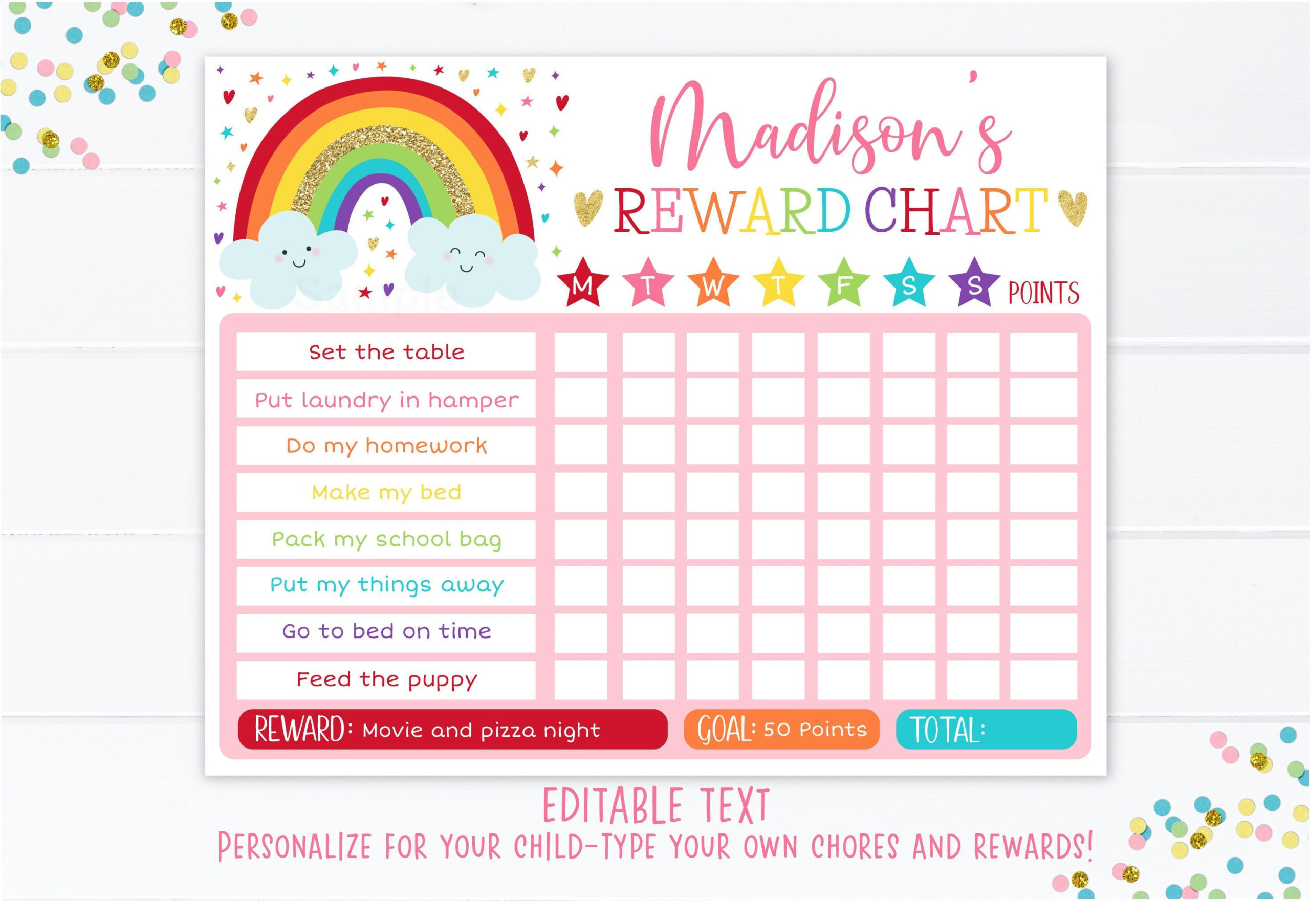 EDITABLE Rainbow Reward Chart Rainbow Behavior Chart Pink Etsy