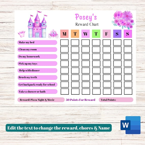 EDITABLE Reward Chart Printable Princess Castle Behavior Etsy