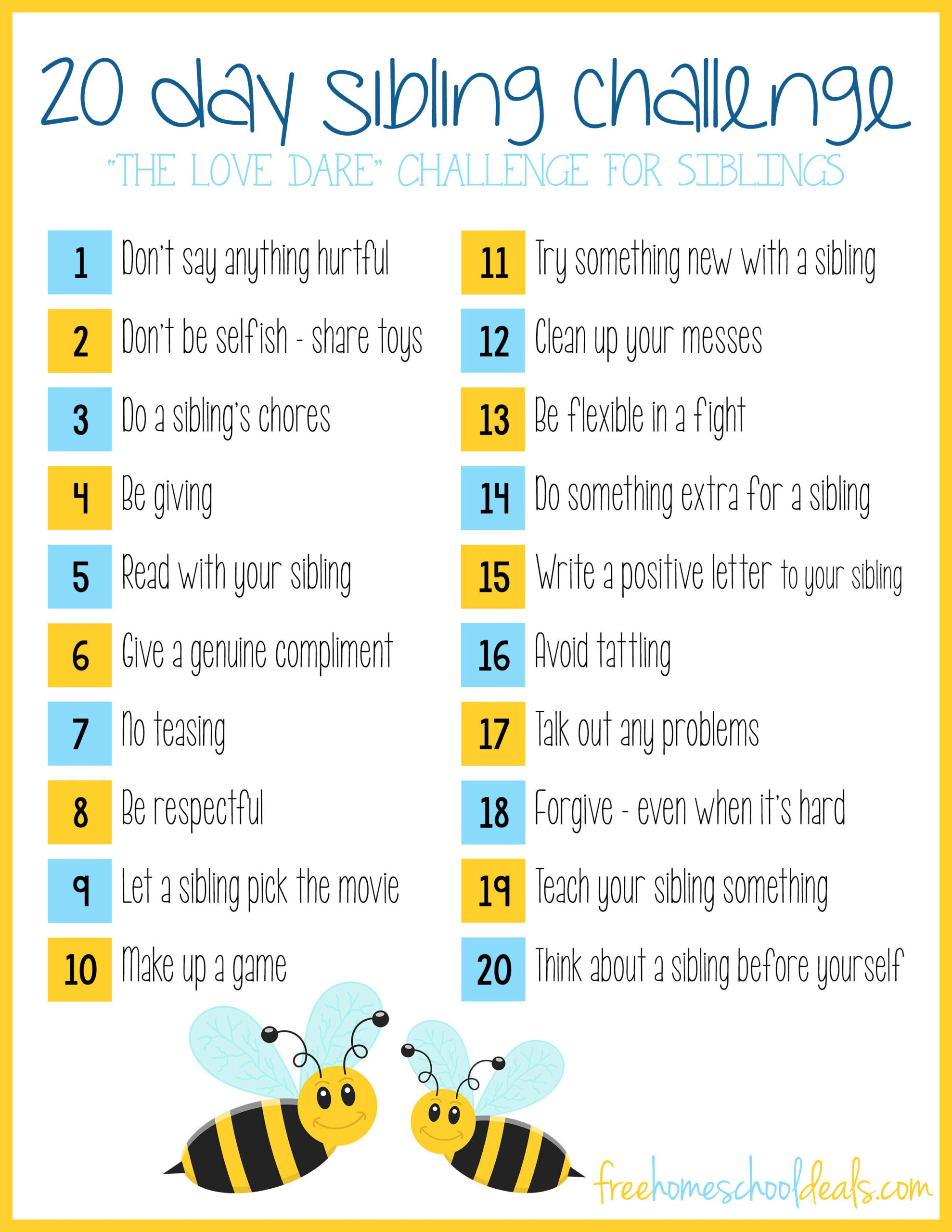 FREE PRINTABLE 20 DAY SIBLING CHALLENGE Instant Download Free 