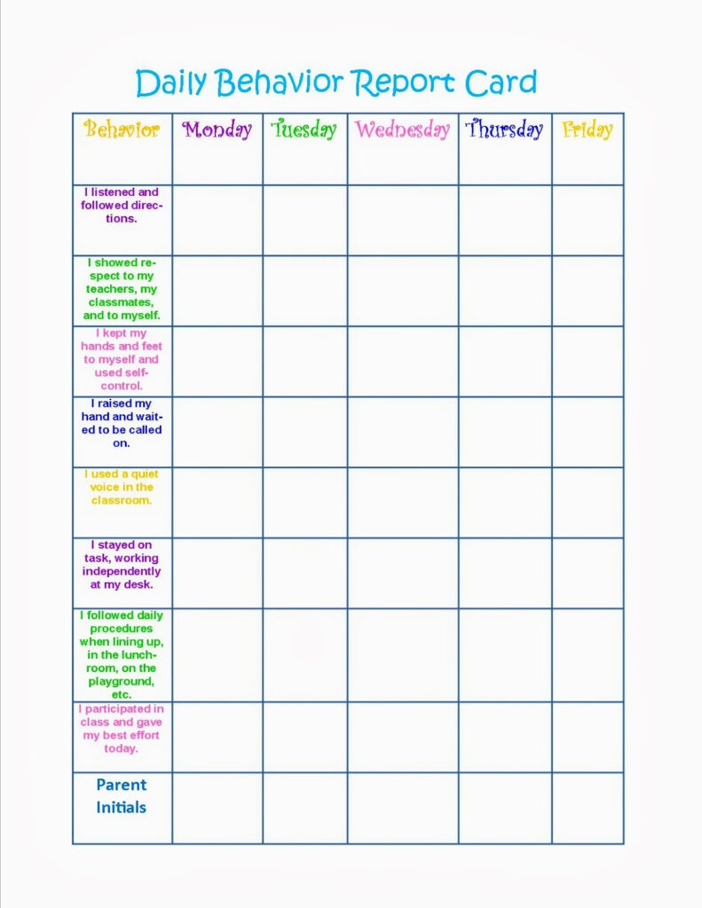 Monthly Behavior Chart For Preschoolers