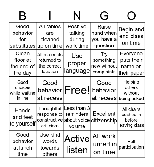 Positive Behavior Bingo Card