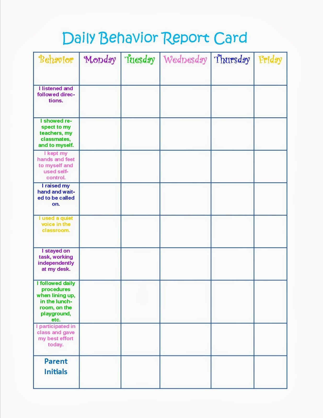 Printable Behavior Charts For Kindergarten