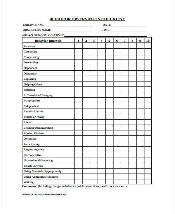 Printable Behavior Checklist Template