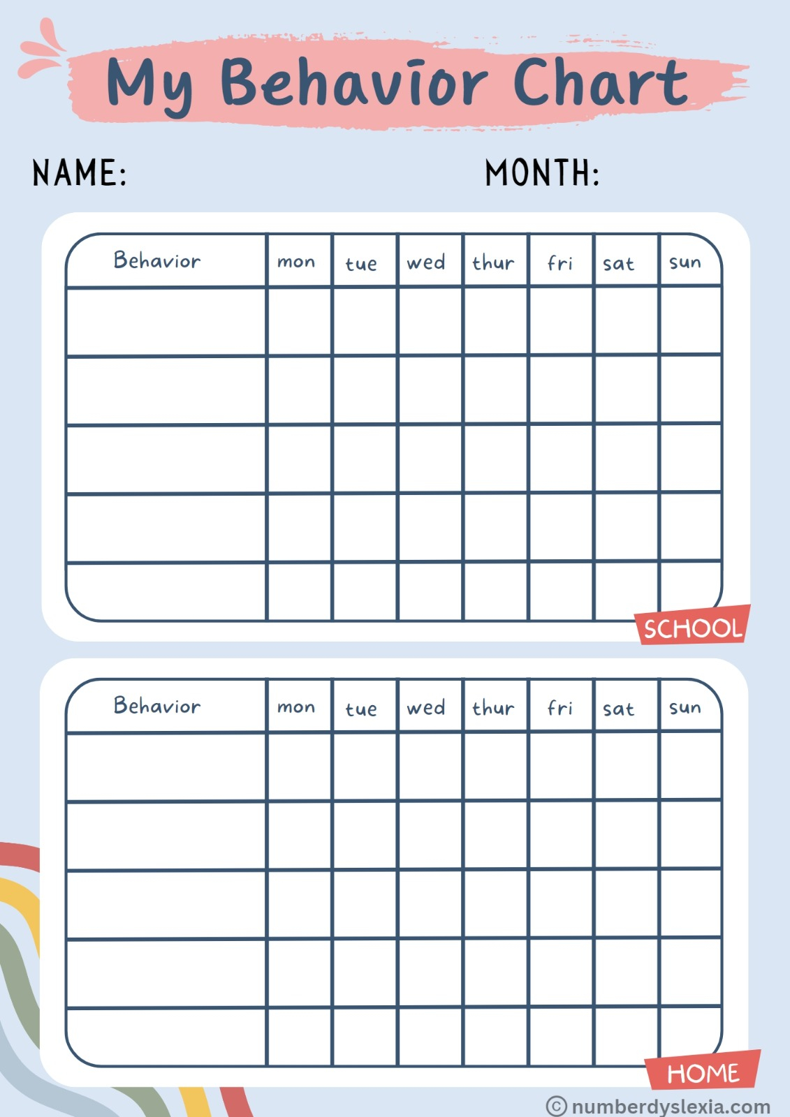 Printable Preschool Behavior Chart Template PDF Included Number 