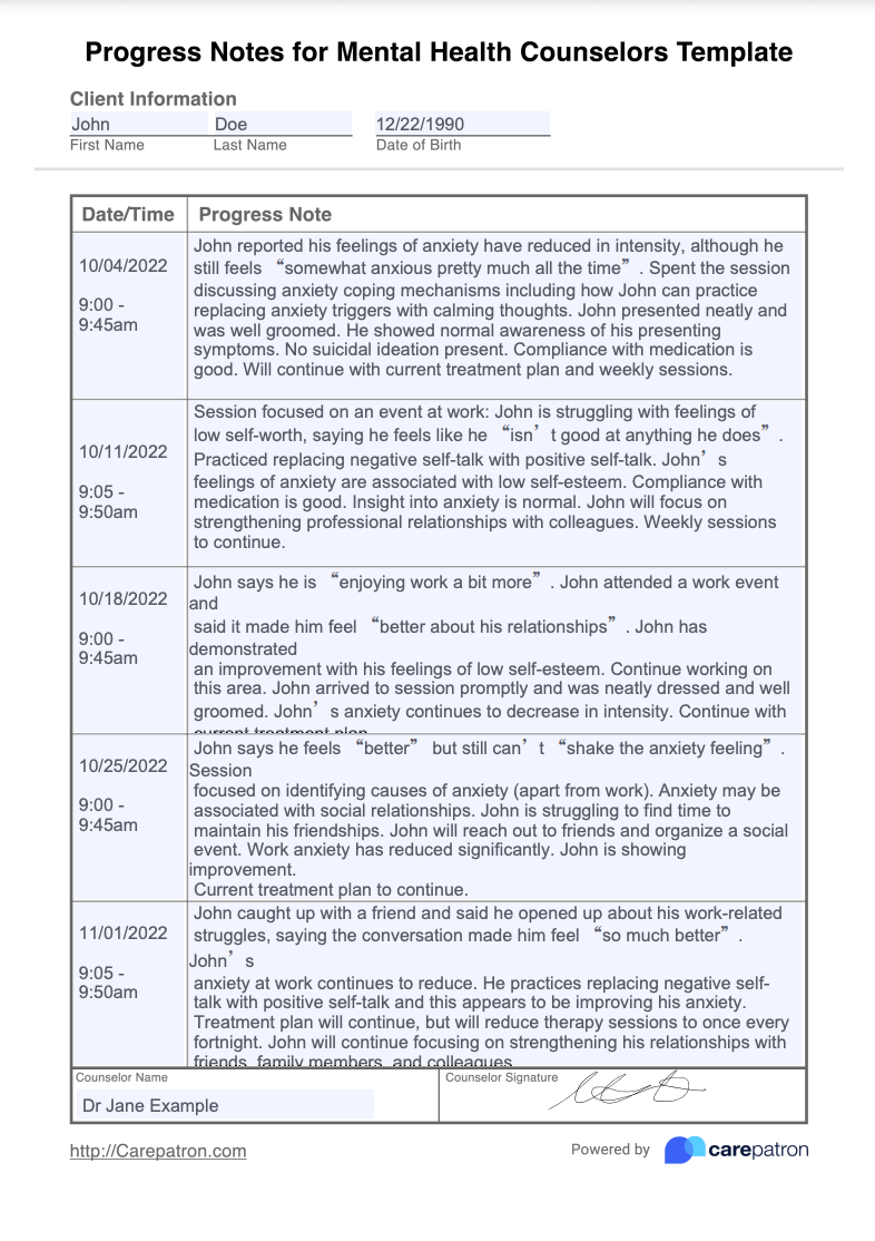 Progress Notes For Mental Health Counselors Template Example Free