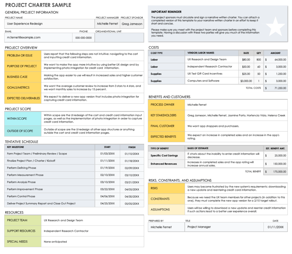 Project Charter Template Google Sheets