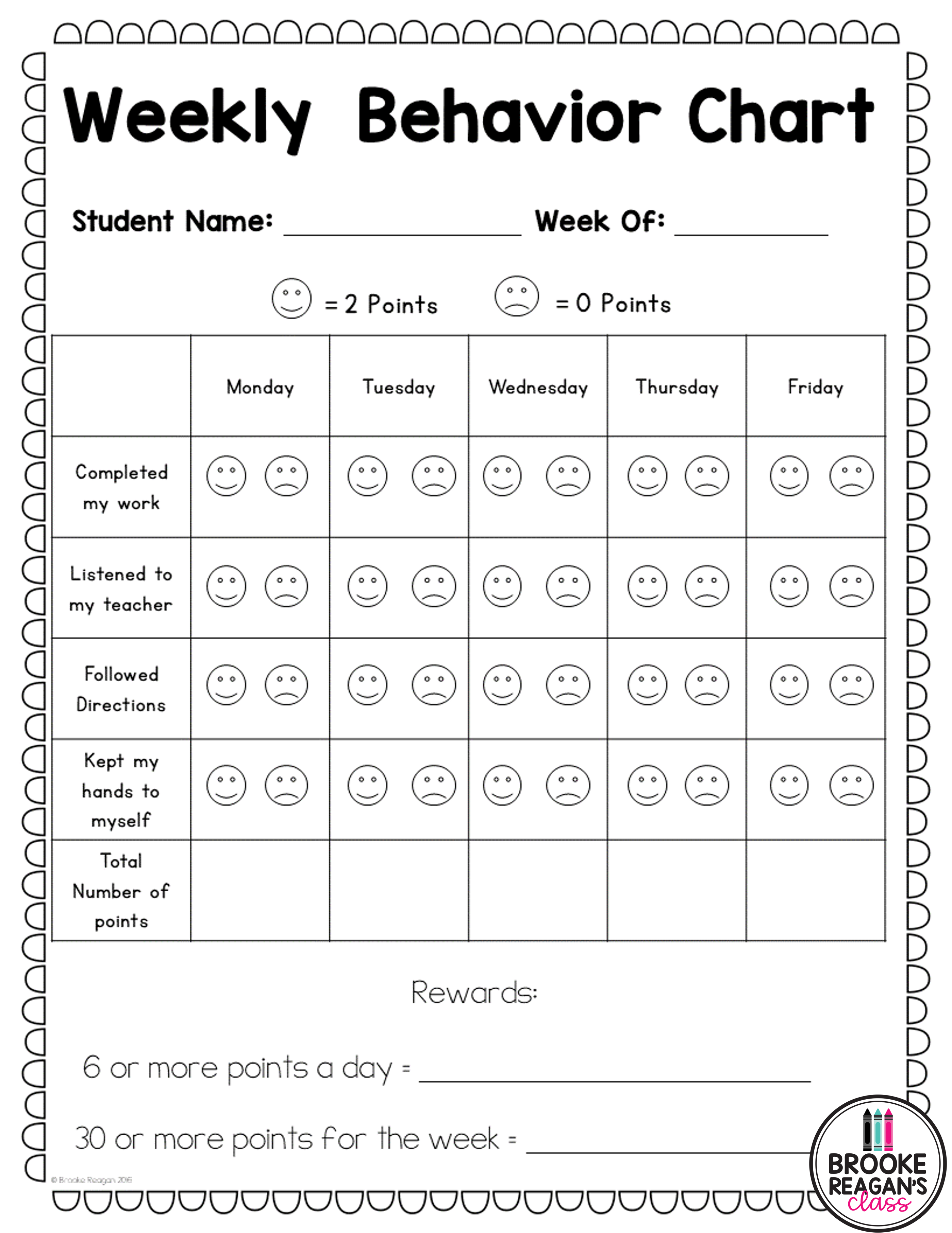 Weekly Behavior Chart Free Printable Printable Calendars AT A GLANCE